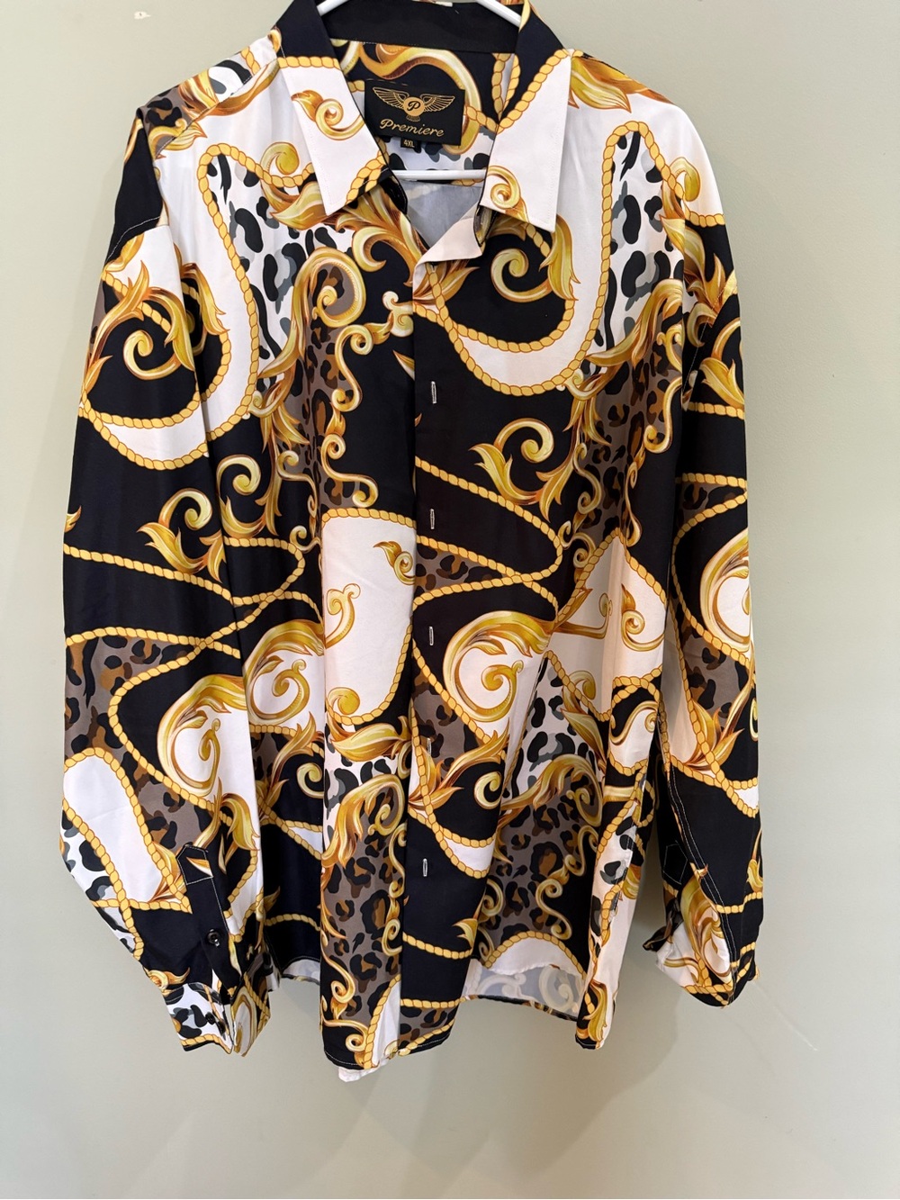 Premier Designs Black White and Gold Chain-Scroll Button-Down Shirt